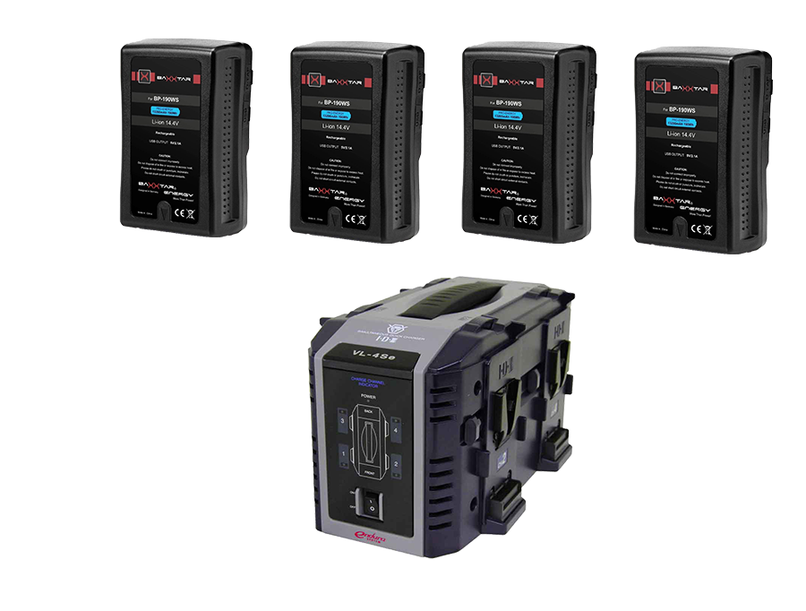 A photo of 4x 190Wh V Lock Batteries 4 Channel V Lock Charger for hire in London